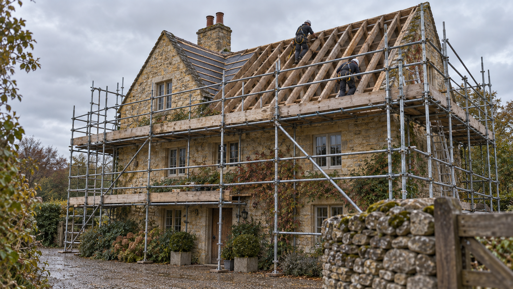 Scaffolded stone cottage with exposed timber roof rafters
