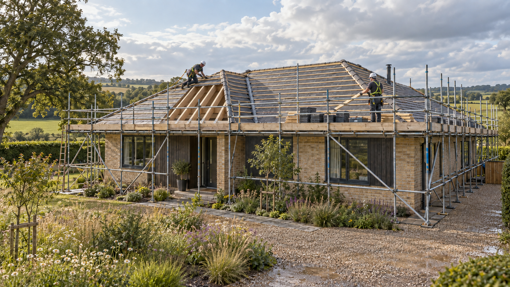 Roofers tiling a modern pitched roof on a countryside home