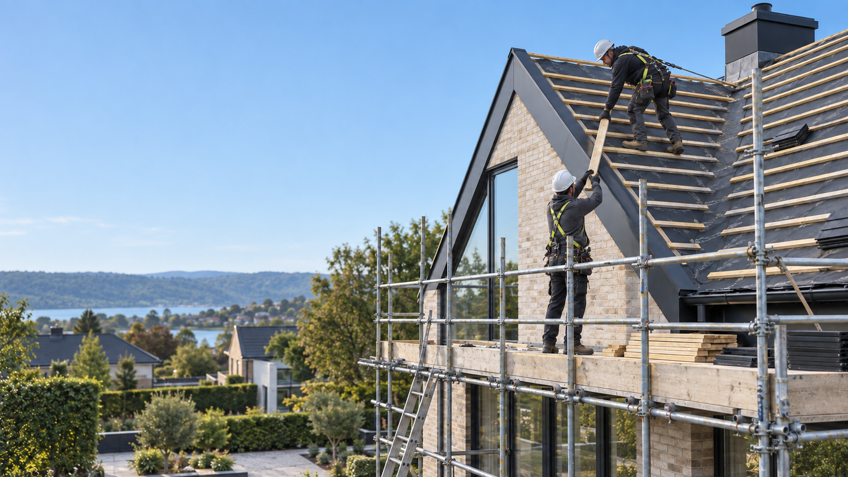 Roofers fitting slate tiles on a modern brick gable end