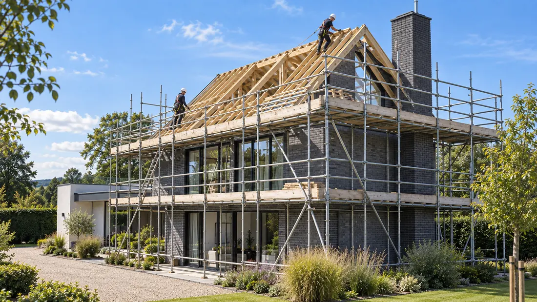 Contemporary home with new timber roof frame and scaffolding