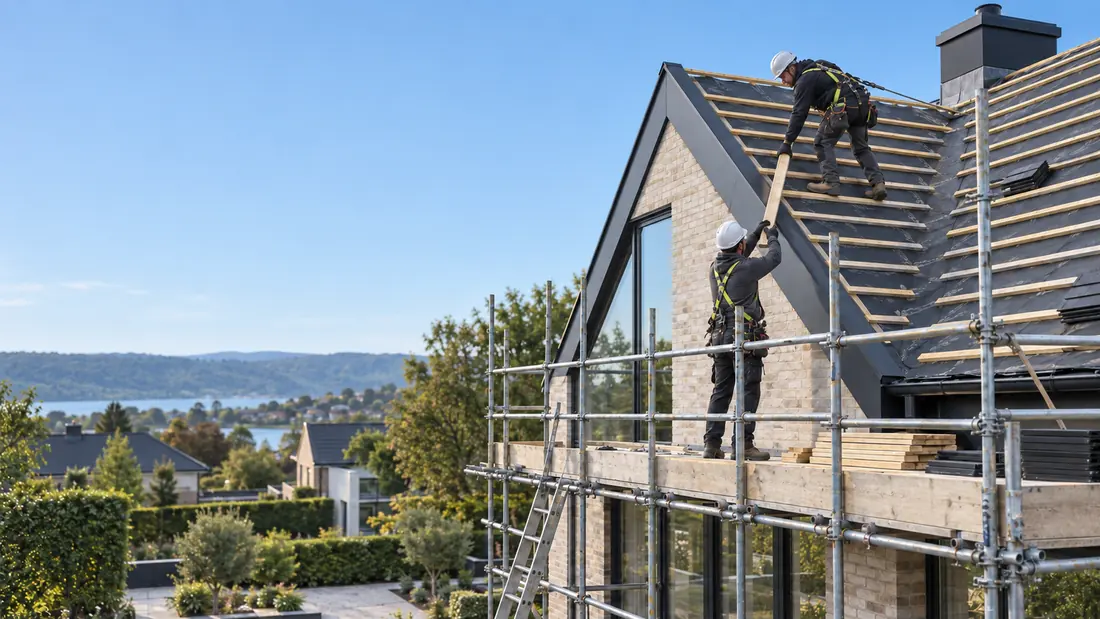 Roofers fitting slate tiles on a modern brick gable end